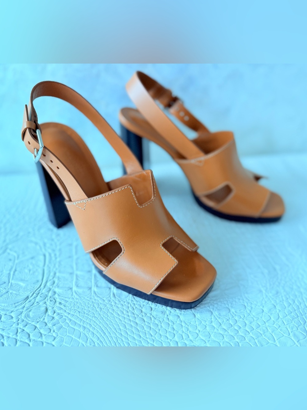 Hermes Gold (Brown) Leather Slingback Block Heel platform Sandals Size 39,5 -9,5